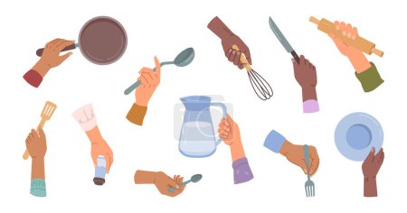 Ilustración de Preparación de platos y comida de cocina, manos aisladas con utensilios de cocina y cubiertos. Hacer la comida, hornear y freír en la sartén. Vector en ilustración plana de dibujos animados - Imagen libre de derechos