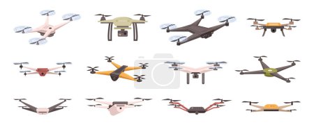 Illustration for Drones collection, isolated assortment of unmanned aerial vehicles. Flying aircraft with camera and wings, civil usage. Vector in flat cartoon illustration - Royalty Free Image