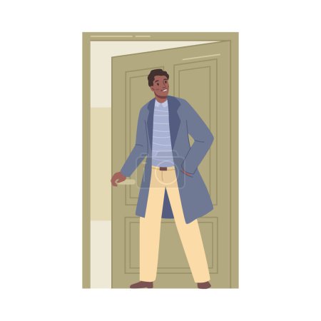 Illustration for Male character opening doors, person standing by entryway. Personage entering building and looking back. Guy in from of doors. Vector man in coat come back home in flat cartoon illustration - Royalty Free Image