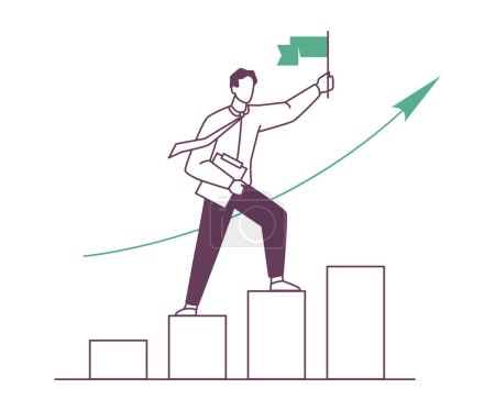 Illustration for Businessman achieving goals, successful entrepreneur with business concept aim to move ahead. Isolated employee with flag on pedestal. Vector in flat cartoon illustration - Royalty Free Image