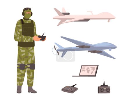 Illustration for Military man controlling unmanned aerial vehicle, isolated soldier with uav drone and jet. Collection of vehicles. Vector planes on remote control in flat cartoon illustration - Royalty Free Image