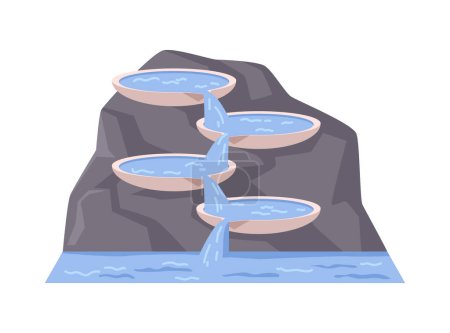 Fontaine sur roche avec cascades et ruisseaux d'eau. Structure décorative isolée. Réservoir avec eau pure, piscine. Vecteur en dessin animé plat illustration