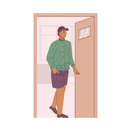 Illustration for Male character opening doors, standing in doorway and holding handle. Exiting room or building. Personage in motion coming out doorway. Vector person leave apartment flat cartoon illustration - Royalty Free Image