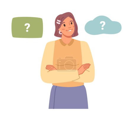 Woman making decision choosing between two options. Isolated person giving preference or picking correct answer to question. Vector in flat cartoon illustration