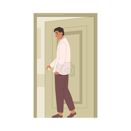 Ilustración de Personaje masculino sosteniendo la manija y abriendo puertas, entrando en apartamento o edificio. Hombre entrando y empujando puertas. Vector en ilustración plana de dibujos animados - Imagen libre de derechos