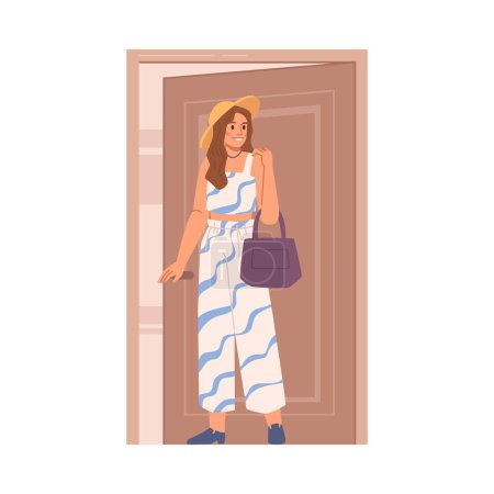 Illustration for Female character opening or closing doors behind, entering or exiting room or building. Woman walking inside or outside. Vector lady coming out in flat cartoon illustration - Royalty Free Image