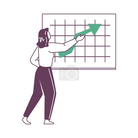 Illustration for Presentation of business concept or startup idea, worker and board with growing arrow. Woman showing chats and diagram for company growth and development. Vector in flat cartoon illustration - Royalty Free Image