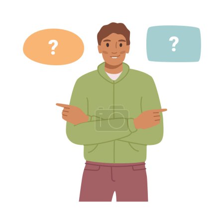 Making decision and choosing correct option or variant. Isolated man selecting alternatives, finding way or answering question. Vector in flat cartoon illustration