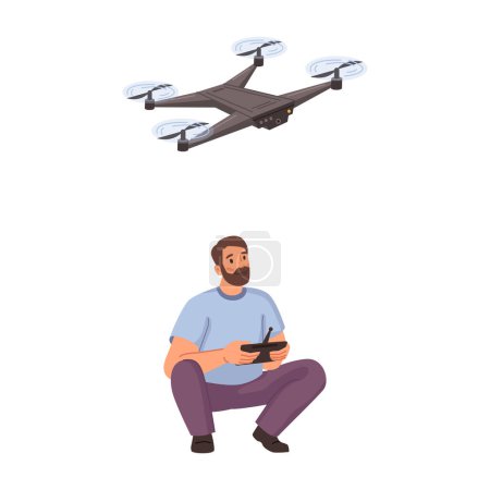 Téléchargez les illustrations : Drone contrôlé par l'homme, véhicule aérien isolé sans pilote avec caméra collectant des données. Avion pour jouer, uav avec contrôleur. Vecteur en dessin animé plat illustration - en licence libre de droit