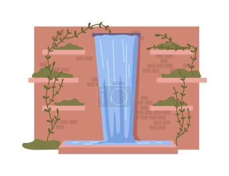 Téléchargez les illustrations : Cascade aux fleurs tropicales rampantes, fontaine avec ruisseau d'eau et mur de briques. Piscine ou réservoir, décor pour parc. Vecteur en dessin animé plat illustration - en licence libre de droit