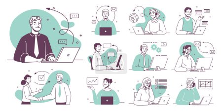 Illustration for Call center, hotline flat vector illustrations flat cartoon set. Smiling office workers with headsets characters. Customer support department staff, telemarketing agents, teamwork cooperation - Royalty Free Image