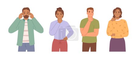Illustration for People making choice, choosing from opportunities, multiple directions, woman and man in thoughtful pose. Flat cartoon characters choose from different options, vector illustration - Royalty Free Image