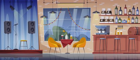 Ilustración de Café interior vacío ninguna gente restaurante plano ilustración vector de dibujos animados. Mesa y asientos, escenario musical y bar stand, zona de salón y estantes con bebidas alcohólicas - Imagen libre de derechos