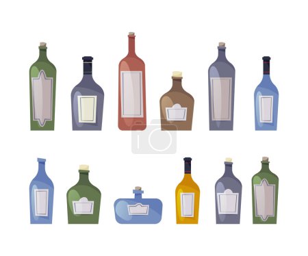 Illustration for Alcohol drinks in glass bottles isolated flat cartoon vector illustration. Rum and champagne, vodka and brandy, tequila and wine, bourbon whiskey and martini bar restaurant beverages - Royalty Free Image