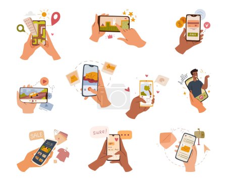 Illustration for Hands holding mobile phones with application, flat cartoon set isolated on white. Fingers touching, tapping, scrolling smartphone screens. People handling with cell phones. Vector illustration - Royalty Free Image
