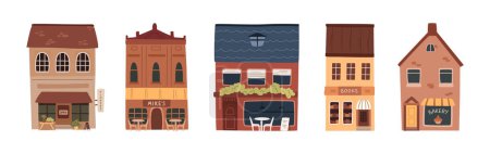 Illustration for Set of small town buildings isolated on white. Businesses in old little town , flat cartoon bakery and cafe, flowers and books shop and restaurant facade icon - Royalty Free Image