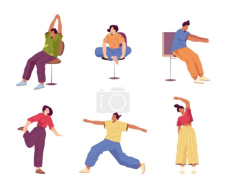 Illustration for Yoga fitness stretching people at workplace, man and woman cartoon characters stretching. Women stretching, balancing in different body positions, having rest at work on chair - Royalty Free Image
