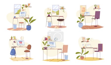 Ilustración de Conjunto de mesas de oficina con ordenadores y sillas, conjunto de puestos de trabajo en estilo plano de dibujos animados. Ilustración vectorial de lugares de trabajo con ordenadores portátiles, muebles para la educación, espacio de trabajo de coworking - Imagen libre de derechos