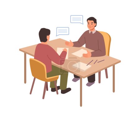 Illustration for Job interview conversation at big table flat cartoon illustration. HR manager and employee candidate met and talked. People sitting and discussing careers. Business or human resource concept - Royalty Free Image