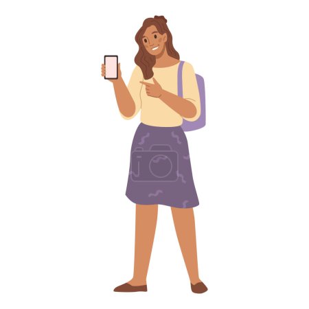 Illustration for Woman show empty smartphone screen. Mobile phone in girl hand. Happy young entrepreneur showing phone. Student and technology, empty screen advertisement, followers recommendation - Royalty Free Image