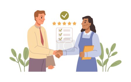 Illustration for Businesswoman and businessman standing together and shaking hands. Job hire concept. Successful business deal or agreement. Project collaboration, two people formal meeting. Flat style vector - Royalty Free Image