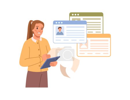Illustration for Human resource management and hiring concept. Job interview, recruitment agent woman looking at resume of potential candidates, flat cartoon vector illustration, hiring agency - Royalty Free Image