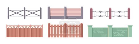 Fence icons set, park elements in flat cartoon style. Vector illustration of garden fences, wooden or brick railing, bakyard construction, home barriers