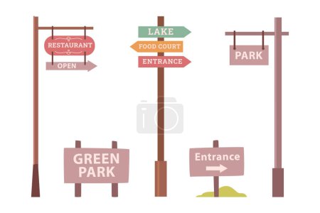 Illustration for Park signboards, wooden guidpost boards with garden entrance sign, open restaurant or foodcort announcement panels flat cartoon vector illustrations set - Royalty Free Image