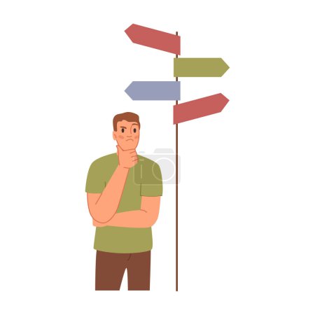 Illustration for Man choosing from multiple directions, street direction pointer and thinking man flat cartoon vector illustration. Guy making choices, decision different options, opportunities and pathways - Royalty Free Image