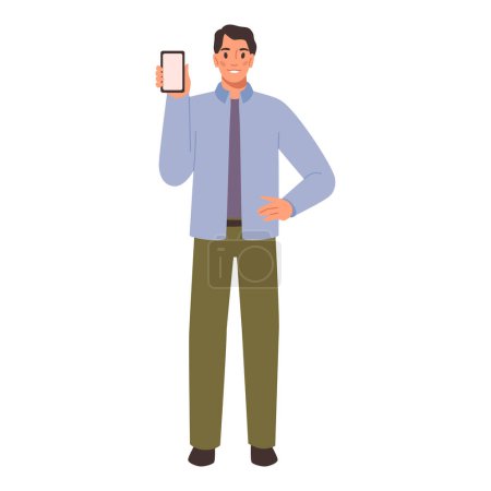 Illustration for Young man show phone screen isolated flat cartoon character. Vector male hold smartphone in hand, presentation information in mobile application, show empty display - Royalty Free Image