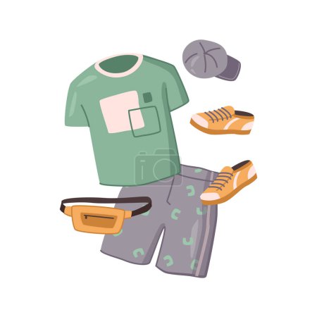 Illustration for Vector illustration of casual summer clothing, apparel for vacation. Green t-shirt and shorts, bag and yellow shoes, cap in flat cartoon style. Fashionable male outfit - Royalty Free Image