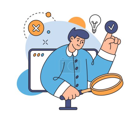 Illustration for User doing online search of data, magnifying glass and information check. Web analysis and CEO concept. Analyzing site, new ideas flat cartoon vector illustration - Royalty Free Image