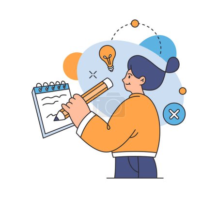 Illustration for Woman making notices by pencil in notebook, flat cartoon vector illustration. Girl studying and writing down new ideas and investigations, giant human with pen - Royalty Free Image