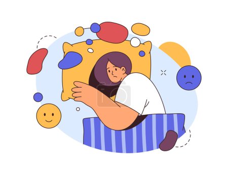 Illustration for Sleep disorder, woman has problem with health, flat cartoon vector illustration. Insomnia, girl on pillow awake at night, depression and anxiety, difficulty with sleep - Royalty Free Image