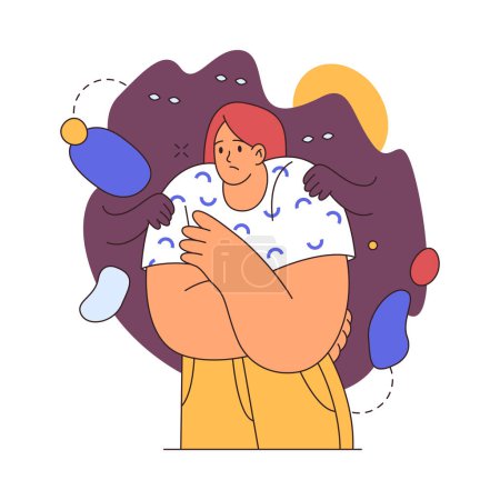 Illustration for Woman suffering from panic attack, flat cartoon vector illustration. Concept of fear of negative mass information. Depressed girl in cloud, young unhappy person - Royalty Free Image