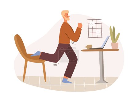 Illustration for Man working and stretching leg at workplace at home, fitness and yoga at work break, relaxation workout. Flat cartoon character businessman has rest and doing stretch exercises - Royalty Free Image