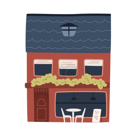 Illustration for Small city business cafe exterior facade building with table, flat cartoon illustration. Cafeteria with terrace, bistro contemporary building - Royalty Free Image