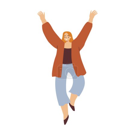 Illustration for Excited woman jumping, celebrating success flat cartoon character. Young female student victory celebration, smiling free person celebrate achievement, positive manager - Royalty Free Image