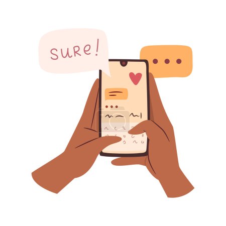 Illustration for Hand writing love message on smartphone, chatting. Online chat messages text notification on mobile phone vector illustration of application for chats. Sms speech bubbles push alerts on screen - Royalty Free Image