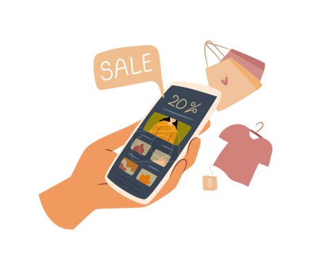 Illustration for Hand of cartoon character holding smartphone and doing online shopping with sales. Usage of mobile app for shopping via Internet. Vector illustration of digital environment and electronic commerce - Royalty Free Image