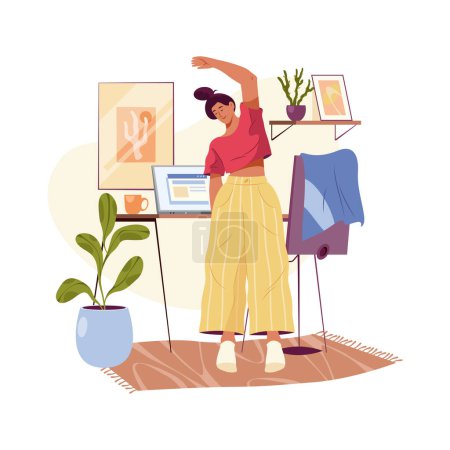 Illustration for Yoga exercises at workplace, stretching at home near computer table. Vector business woman has rest and doing stretch exercises, fitness and relaxation, relaxing activities - Royalty Free Image