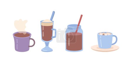 Ilustración de Cóctel de chocolate caliente en vaso sobre blanco. Juego de ilustración de vectores de bebidas calientes de dibujos animados, deliciosa leche de chocolate con cacao, taza de café y tarro de cacao nutricional con paja, bebidas refrescantes - Imagen libre de derechos