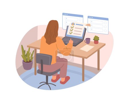 Illustration for Human resource manager hiring looking at candidates resume flat cartoon vector illustration. Job interview, recruitment agent woman looking at CV of potential workers at computer, hiring agency - Royalty Free Image