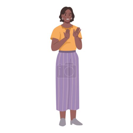 Illustration for Applauding woman clapping hands, congratulations and support gesture. Happy girl greetings, applause and ovation, cheers by hand claps. Respect and appreciation body language gesture - Royalty Free Image