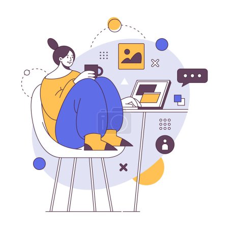 Illustration for Freelancer work on computer with cup of coffee. Freelancer working on laptop, worker on quarantine, online job. Vector illustration of programming employer, relaxed person on workplace - Royalty Free Image