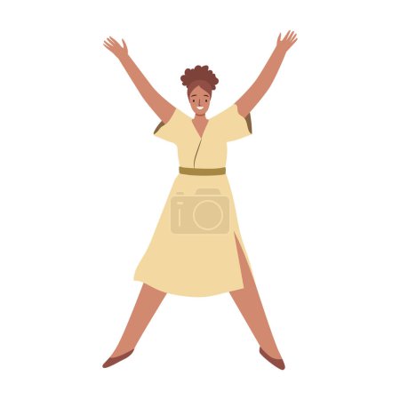 Illustration for Woman winner jumping of joy, excited lady have fun, celebrating victory or achievement. Vector illustration of free active girl with positive energy. Young successful student illustration - Royalty Free Image