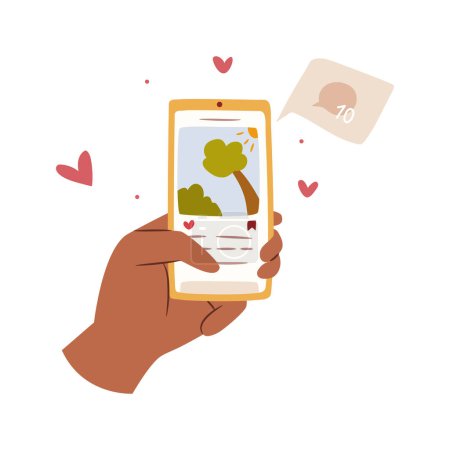 Ilustración de Smartphone con aplicación de juego en la mano con árboles verdes ilustración plana de dibujos animados aislados. Vector dedos tocando la pantalla con la imagen de la naturaleza, poner como y siguiente, dejando un comentario - Imagen libre de derechos