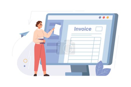 Illustration for Online digital E invoice and statements software, woman checking tax form on screen monitor flat cartoon vector illustration. Invoice bills financial calculator, investment and accounting payment - Royalty Free Image