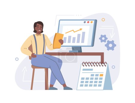 Illustration for Woman account manager calculating tax forms on screen. Vector computer with statistical data, monthly payments calculator llustration, financial electronic investment - Royalty Free Image