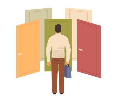 Illustration for Choosing right door. Life choice concept, puzzled man thinks, big dilemma, difficult ways, vector flat cartoon illustration. Confusing businessman character making right and wrong decision - Royalty Free Image